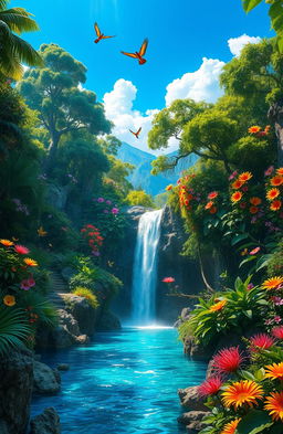 A vibrant fantasy landscape featuring a lush, overgrown jungle with towering trees, vivid green foliage, and colorful flowers in full bloom