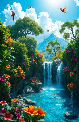 A vibrant fantasy landscape featuring a lush, overgrown jungle with towering trees, vivid green foliage, and colorful flowers in full bloom