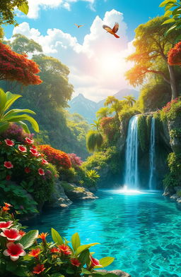 A vibrant fantasy landscape featuring a lush, overgrown jungle with towering trees, vivid green foliage, and colorful flowers in full bloom