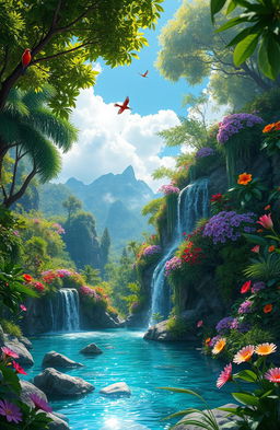 A vibrant fantasy landscape featuring a lush, overgrown jungle with towering trees, vivid green foliage, and colorful flowers in full bloom