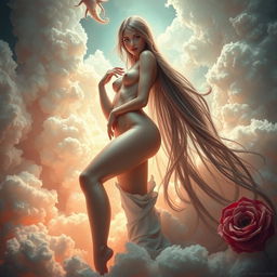 A stunning and surreal scene featuring a beautifully detailed female figure with long hair, posed gracefully in a confident and artistic manner