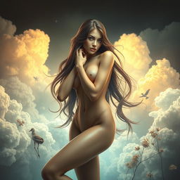 A stunning and surreal scene featuring a beautifully detailed female figure with long hair, posed gracefully in a confident and artistic manner