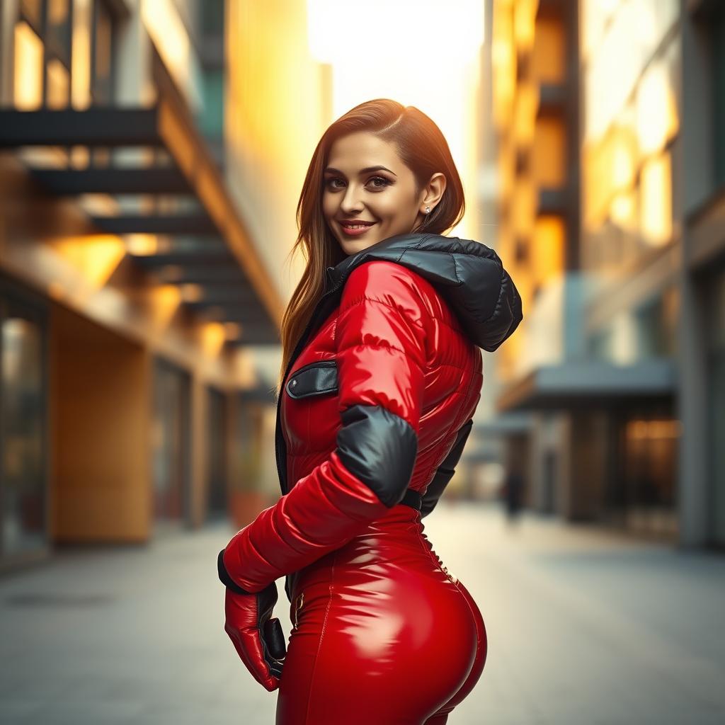 A stunning young woman with an attractive figure, wearing a heavy, tight-fitting shiny red and black puffer suit that accentuates her big bust while elegantly framing her petite backside