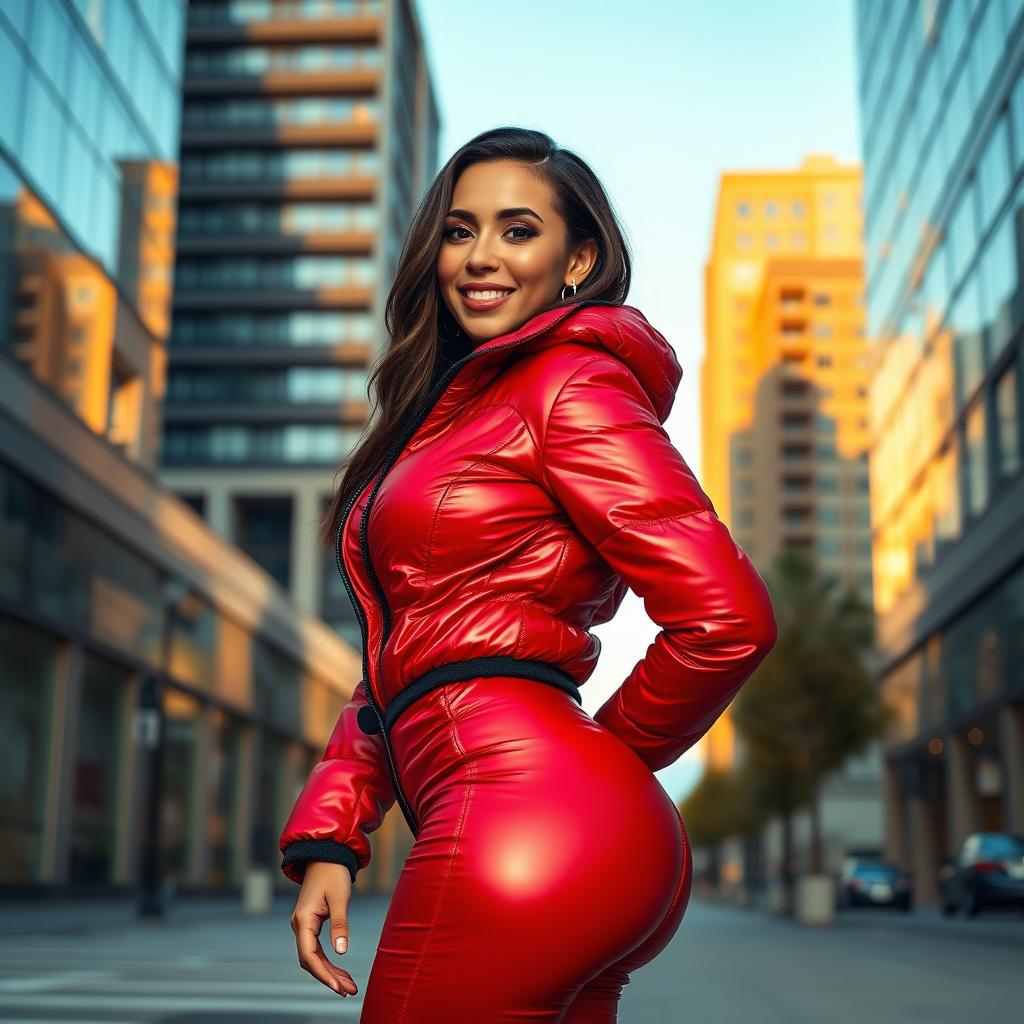 A captivating young woman flaunting a gorgeous figure, clad in a heavy, tight-fitting shiny red and black puffer suit that emphasizes her ample bust while showcasing her petite backside