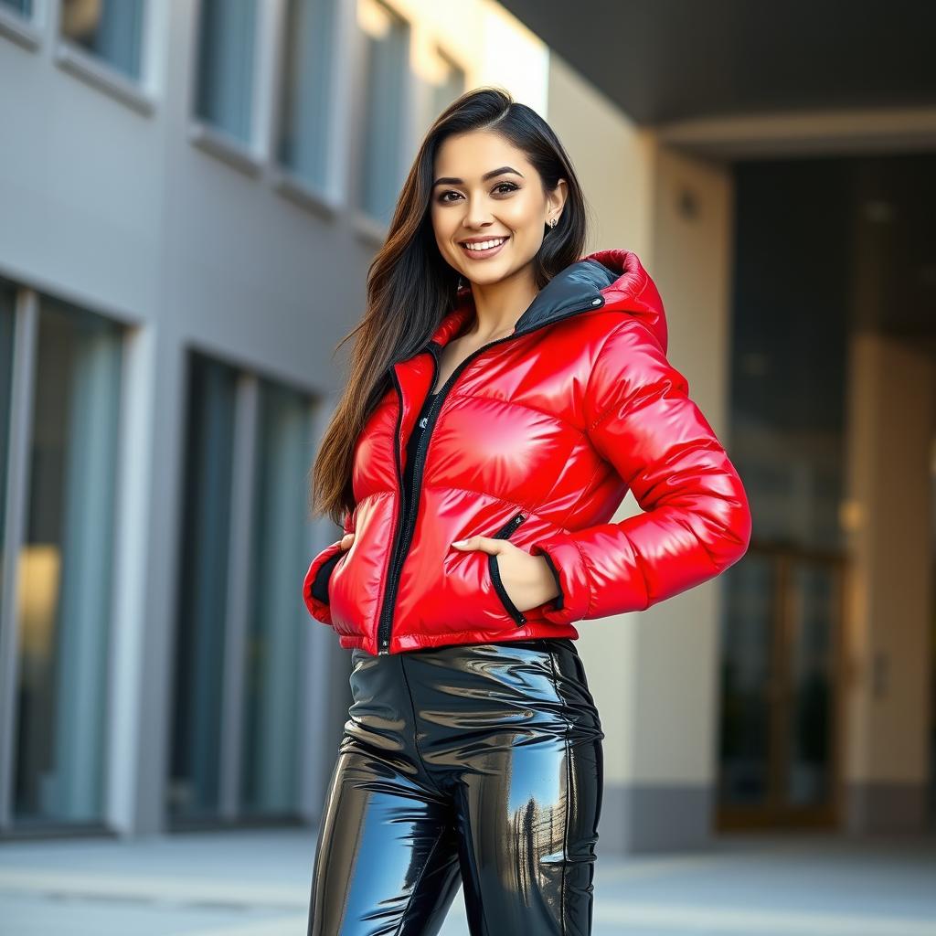 An alluring young woman flaunting a fashionable and figure-hugging heavy shiny red and black puffer suit