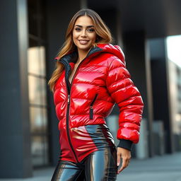 An alluring young woman flaunting a fashionable and figure-hugging heavy shiny red and black puffer suit