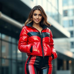 An alluring young woman flaunting a fashionable and figure-hugging heavy shiny red and black puffer suit