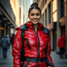 A alluring young woman showcasing her style in a heavy, tight-fitting shiny red and black puffer suit