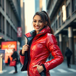 A alluring young woman showcasing her style in a heavy, tight-fitting shiny red and black puffer suit