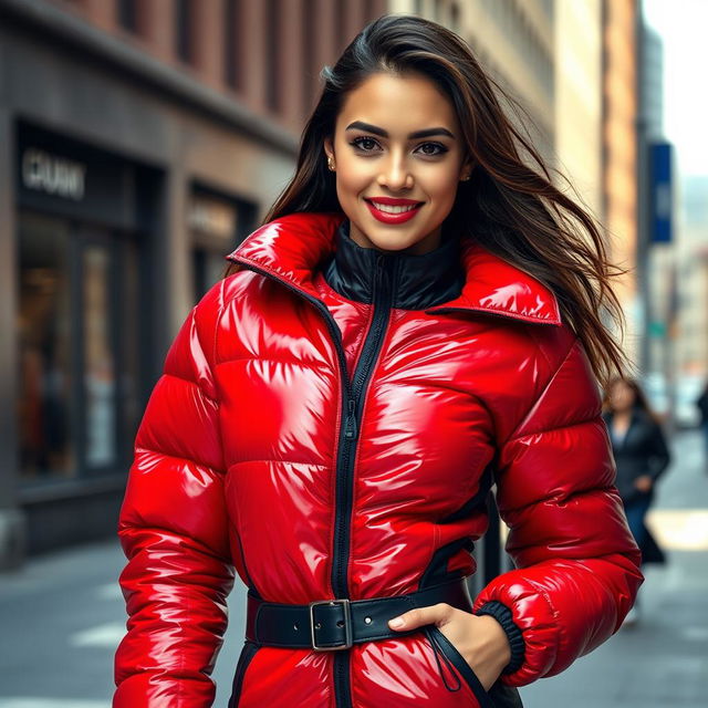 A alluring young woman showcasing her style in a heavy, tight-fitting shiny red and black puffer suit