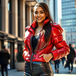 A alluring young woman showcasing her style in a heavy, tight-fitting shiny red and black puffer suit