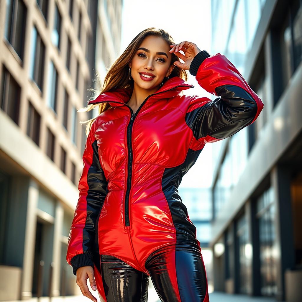 An attractive young woman posing confidently in a heavy, tight-fitting shiny red and black puffer suit