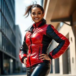 An attractive young woman posing confidently in a heavy, tight-fitting shiny red and black puffer suit