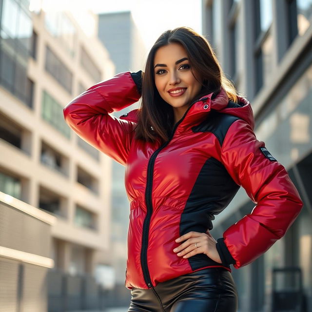 An attractive young woman posing confidently in a heavy, tight-fitting shiny red and black puffer suit