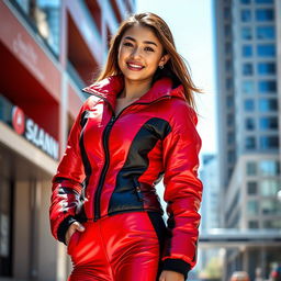 An attractive young woman posing confidently in a heavy, tight-fitting shiny red and black puffer suit