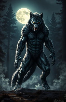 A majestic werewolf standing tall in a moonlit forest, fur glistening under the silvery light, its piercing yellow eyes glowing with intensity