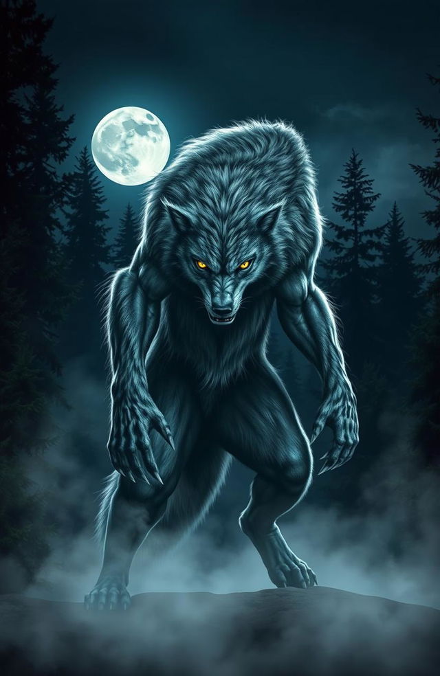 A majestic werewolf standing tall in a moonlit forest, fur glistening under the silvery light, its piercing yellow eyes glowing with intensity