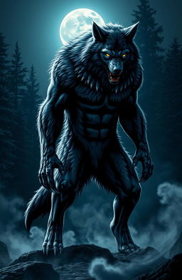 A majestic werewolf standing tall in a moonlit forest, fur glistening under the silvery light, its piercing yellow eyes glowing with intensity