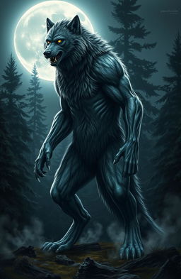 A majestic werewolf standing tall in a moonlit forest, fur glistening under the silvery light, its piercing yellow eyes glowing with intensity