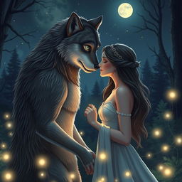 A captivating werewolf in a romantic setting, gazing lovingly at its partner under a starry night sky
