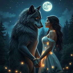 A captivating werewolf in a romantic setting, gazing lovingly at its partner under a starry night sky