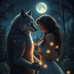 A captivating werewolf in a romantic setting, gazing lovingly at its partner under a starry night sky