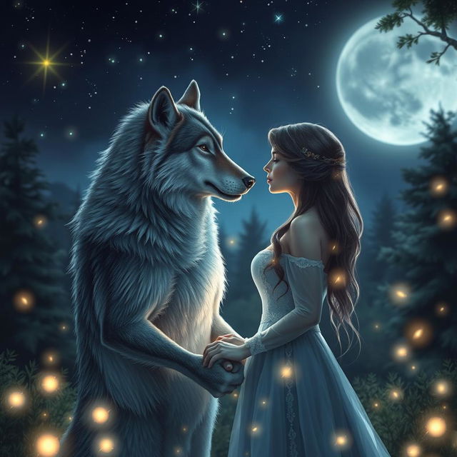 A captivating werewolf in a romantic setting, gazing lovingly at its partner under a starry night sky