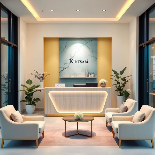 A stylish reception area for the psychological counseling office named 'Kintsabi,' reflecting its holistic approach