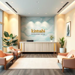 A stylish reception area for the psychological counseling office named 'Kintsabi,' reflecting its holistic approach
