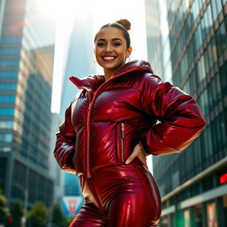A stunning young woman confidently displaying a heavy, tight-fitting shiny red and black puffer suit