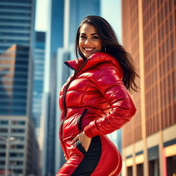 A stunning young woman confidently displaying a heavy, tight-fitting shiny red and black puffer suit