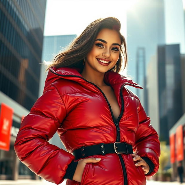 A stunning young woman confidently displaying a heavy, tight-fitting shiny red and black puffer suit