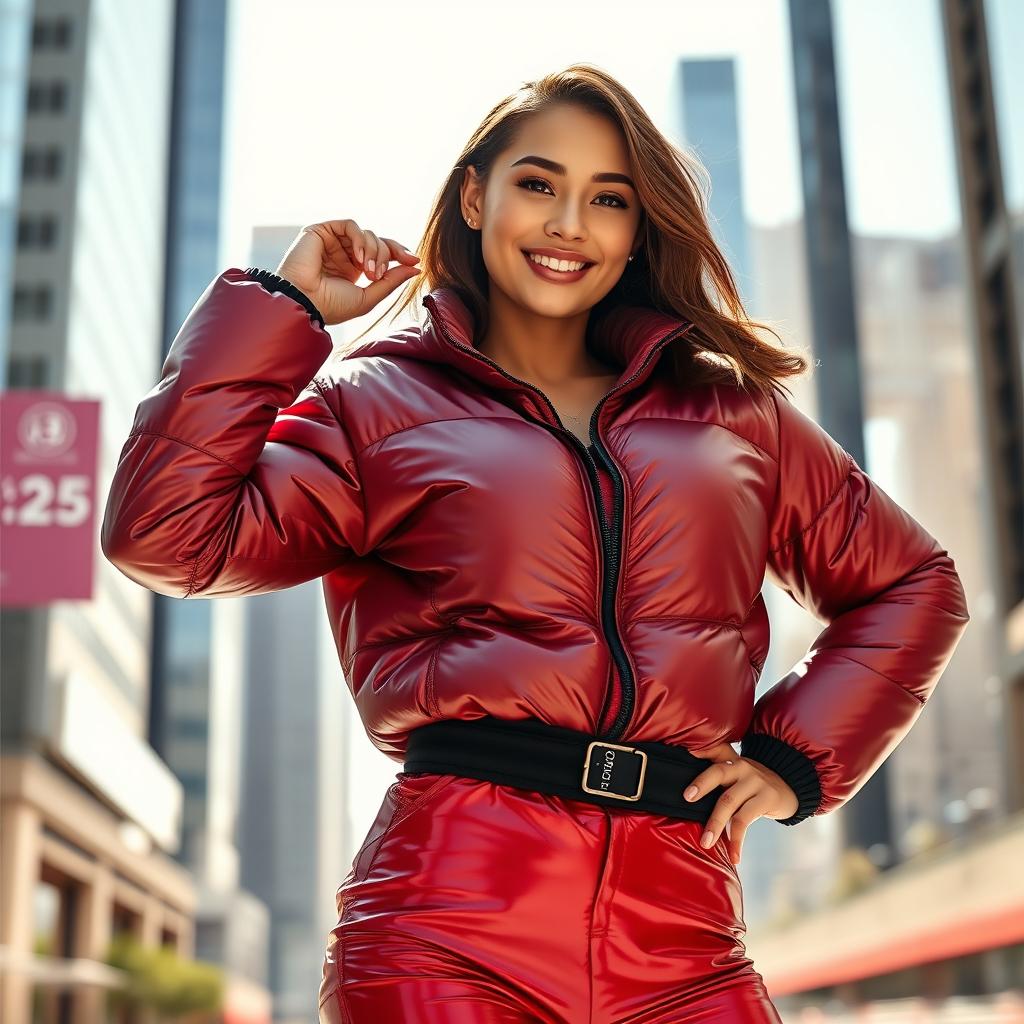 A stunning young woman confidently displaying a heavy, tight-fitting shiny red and black puffer suit