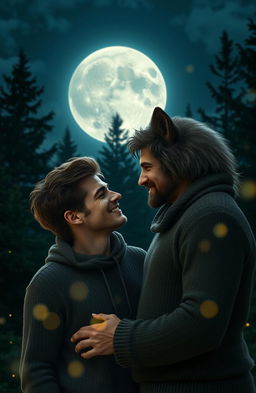 A romantic scene featuring a werewolf, with a majestic full moon backdrop illuminating the night sky