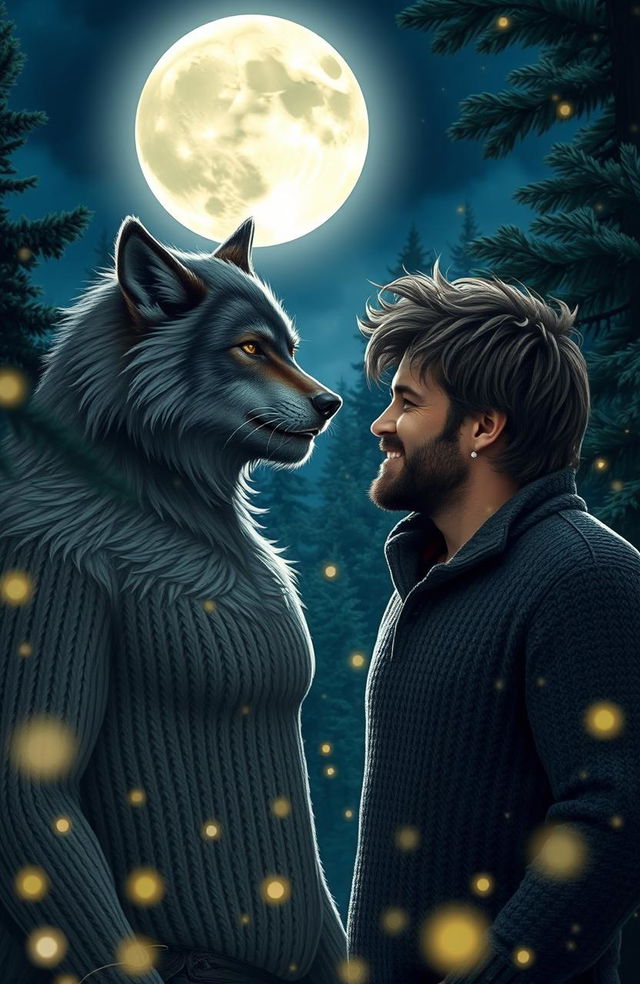 A romantic scene featuring a werewolf, with a majestic full moon backdrop illuminating the night sky