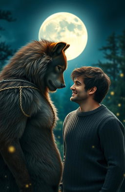 A romantic scene featuring a werewolf, with a majestic full moon backdrop illuminating the night sky