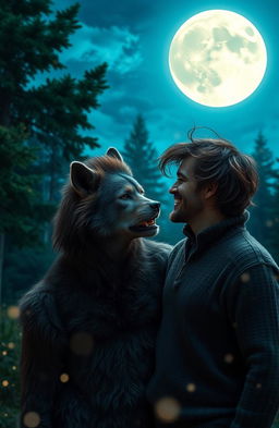 A romantic scene featuring a werewolf, with a majestic full moon backdrop illuminating the night sky