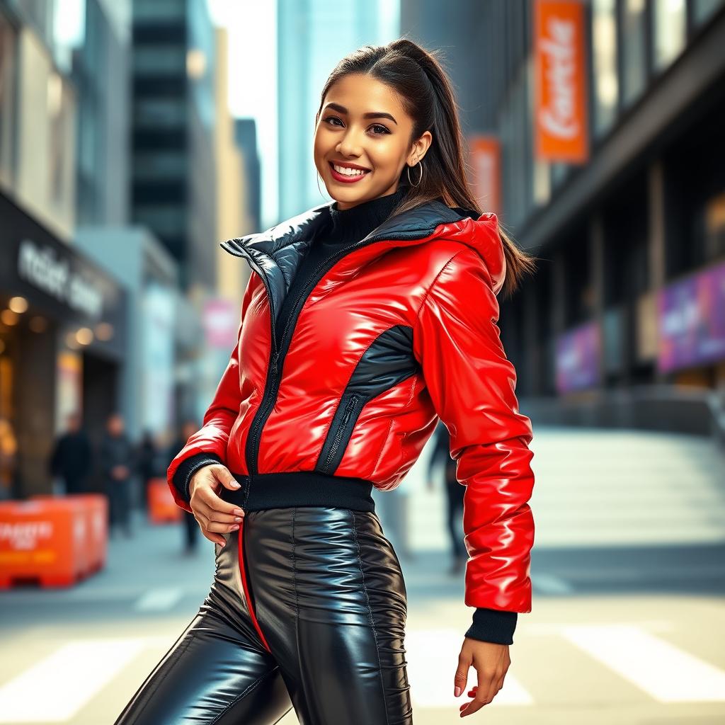 A captivating young woman confidently wearing a heavy, tight-fitting shiny red and black puffer suit