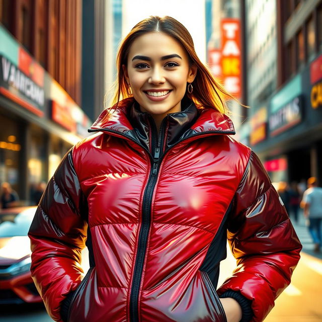 A captivating young woman confidently wearing a heavy, tight-fitting shiny red and black puffer suit