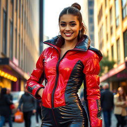 A captivating young woman confidently wearing a heavy, tight-fitting shiny red and black puffer suit