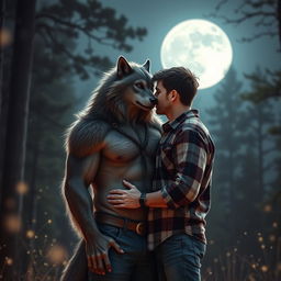 A captivating romantic portrayal of a werewolf in love with a man, set against a dramatic moonlit forest