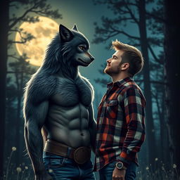 A captivating romantic portrayal of a werewolf in love with a man, set against a dramatic moonlit forest