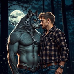 A captivating romantic portrayal of a werewolf in love with a man, set against a dramatic moonlit forest