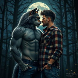 A captivating romantic portrayal of a werewolf in love with a man, set against a dramatic moonlit forest