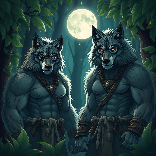 A striking illustration of furry wolf men in a mystical forest