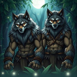 A striking illustration of furry wolf men in a mystical forest