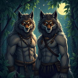 A striking illustration of furry wolf men in a mystical forest