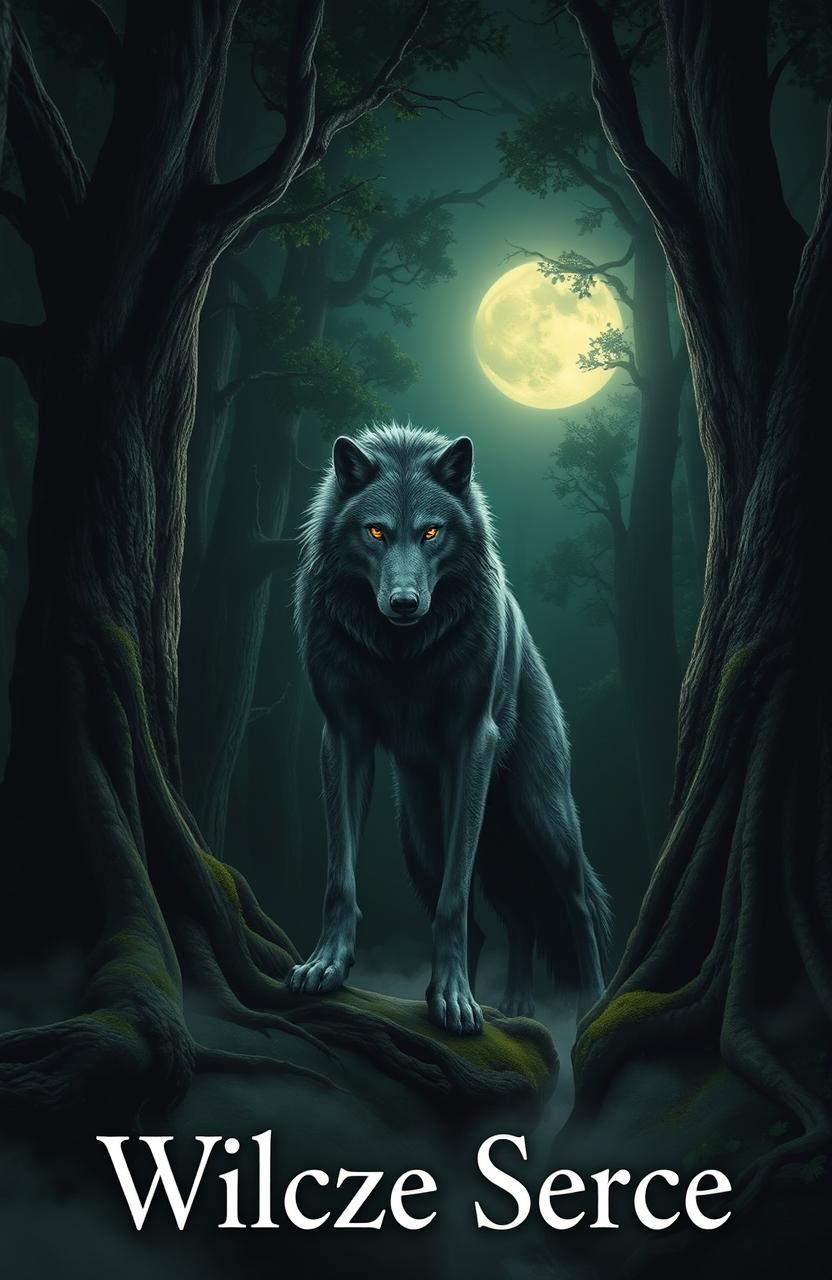 A mystical werewolf standing majestically in a dense, dark green forest, illuminated by moonlight filtering through the treetops