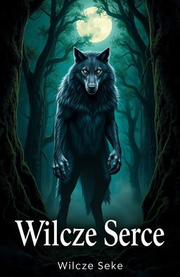 A mystical werewolf standing majestically in a dense, dark green forest, illuminated by moonlight filtering through the treetops
