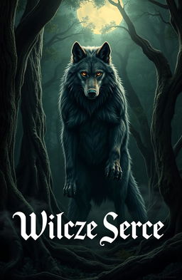 A mystical werewolf standing majestically in a dense, dark green forest, illuminated by moonlight filtering through the treetops